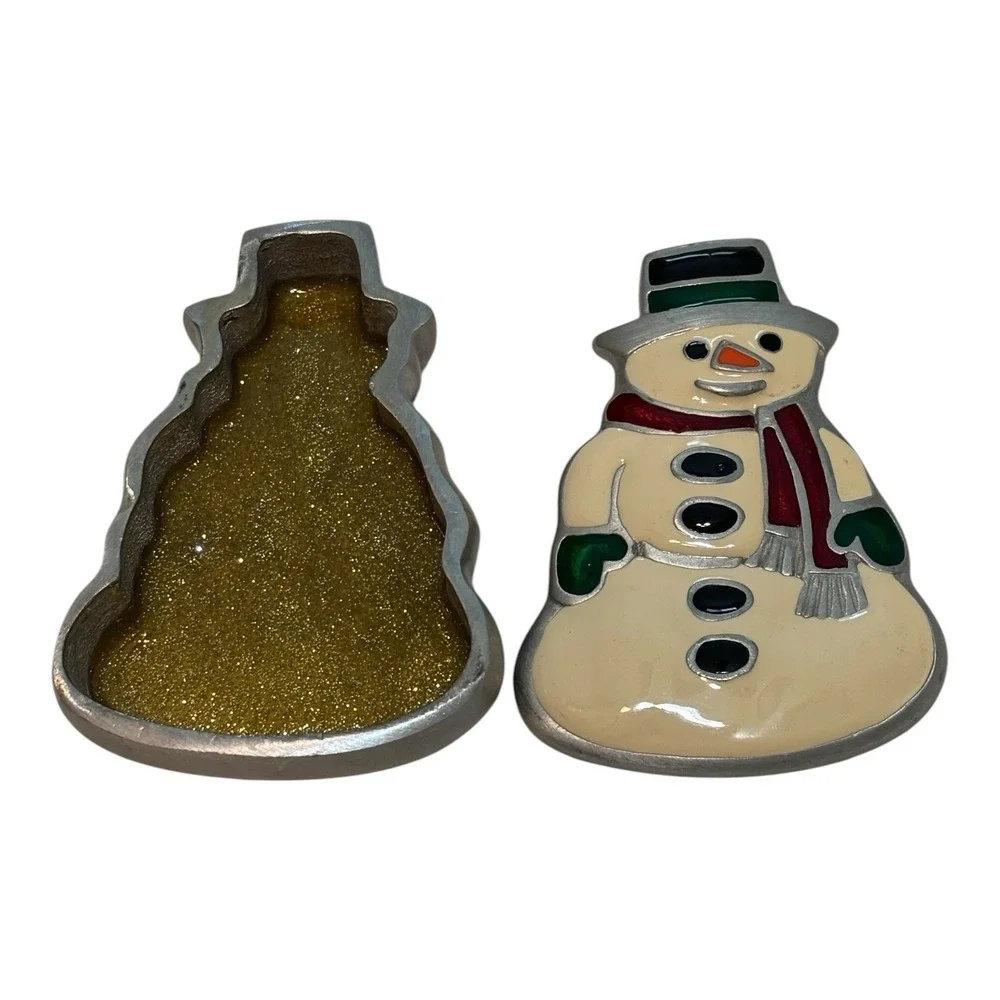Snowman Trinket Box White Enamel Cast Metal Keepsake Gift Decor Christmas Winter